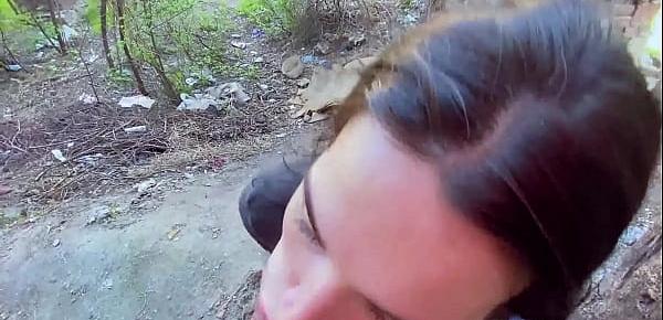  Sucking in public outdoors near people and getting hot sticky cum in her mouth